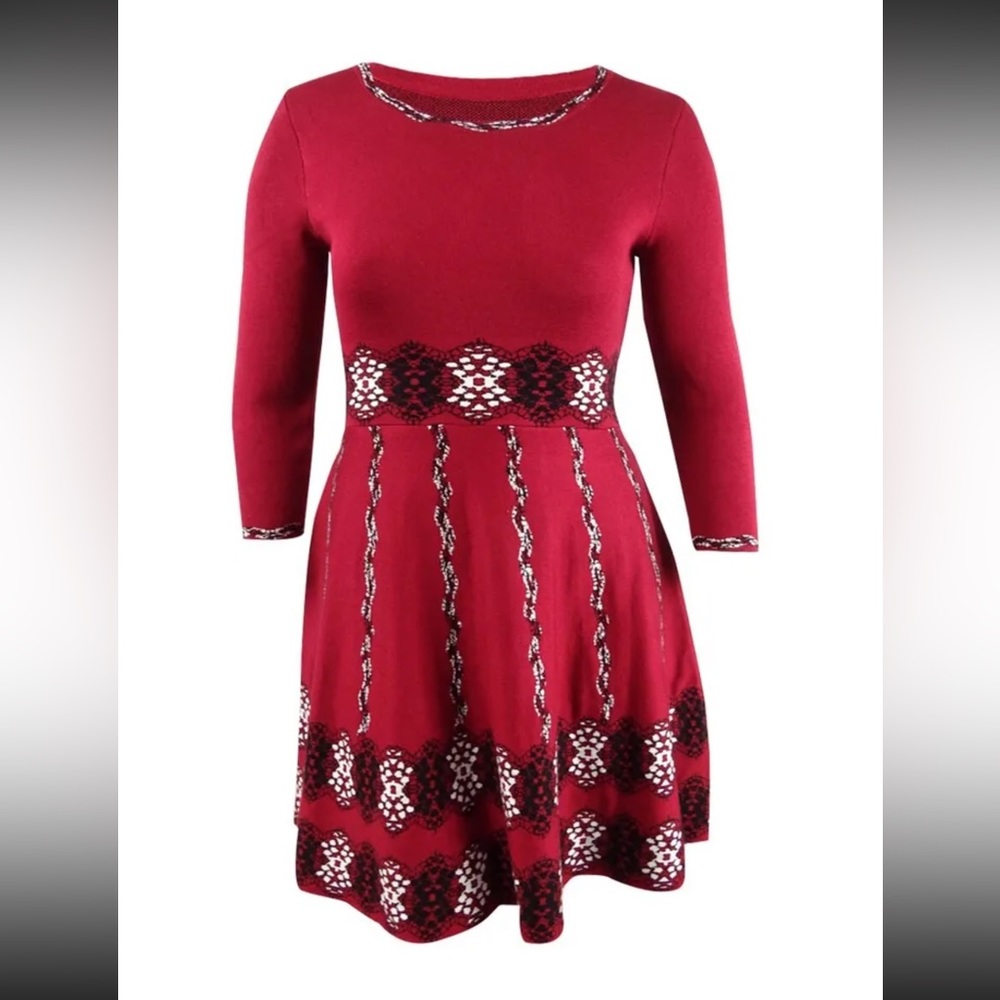 Taylor Cranberry Knit Fit N Flare Dress Pattern Borders Size XL